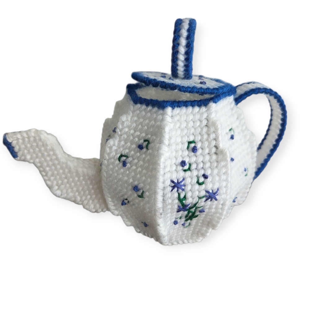 Needle Point Handcrafted White and Blue Teapot